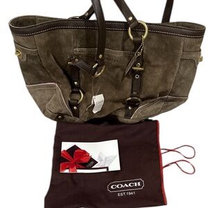 Vintage Coach Signature Gallery Brown Suede & Jacquard Shoulder Logo Tote Bag.